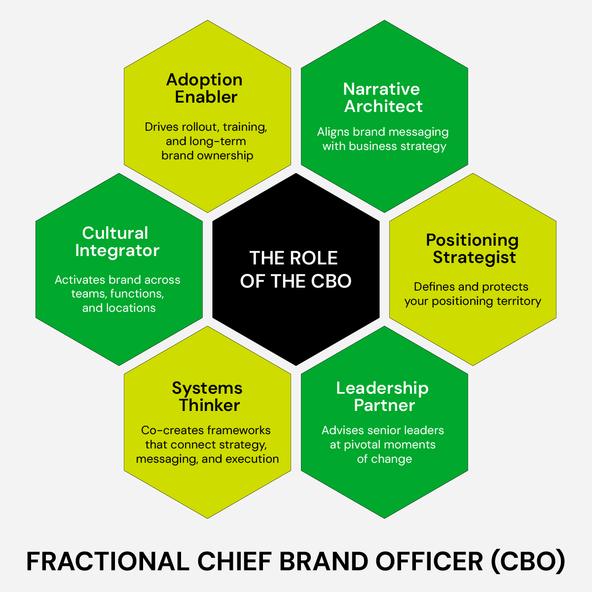 Hexagonal diagram outlining the six roles of a Fractional Chief Brand Officer (CBO), including narrative architect, adoption enabler, cultural integrator, leadership partner, systems thinker, and positioning strategist