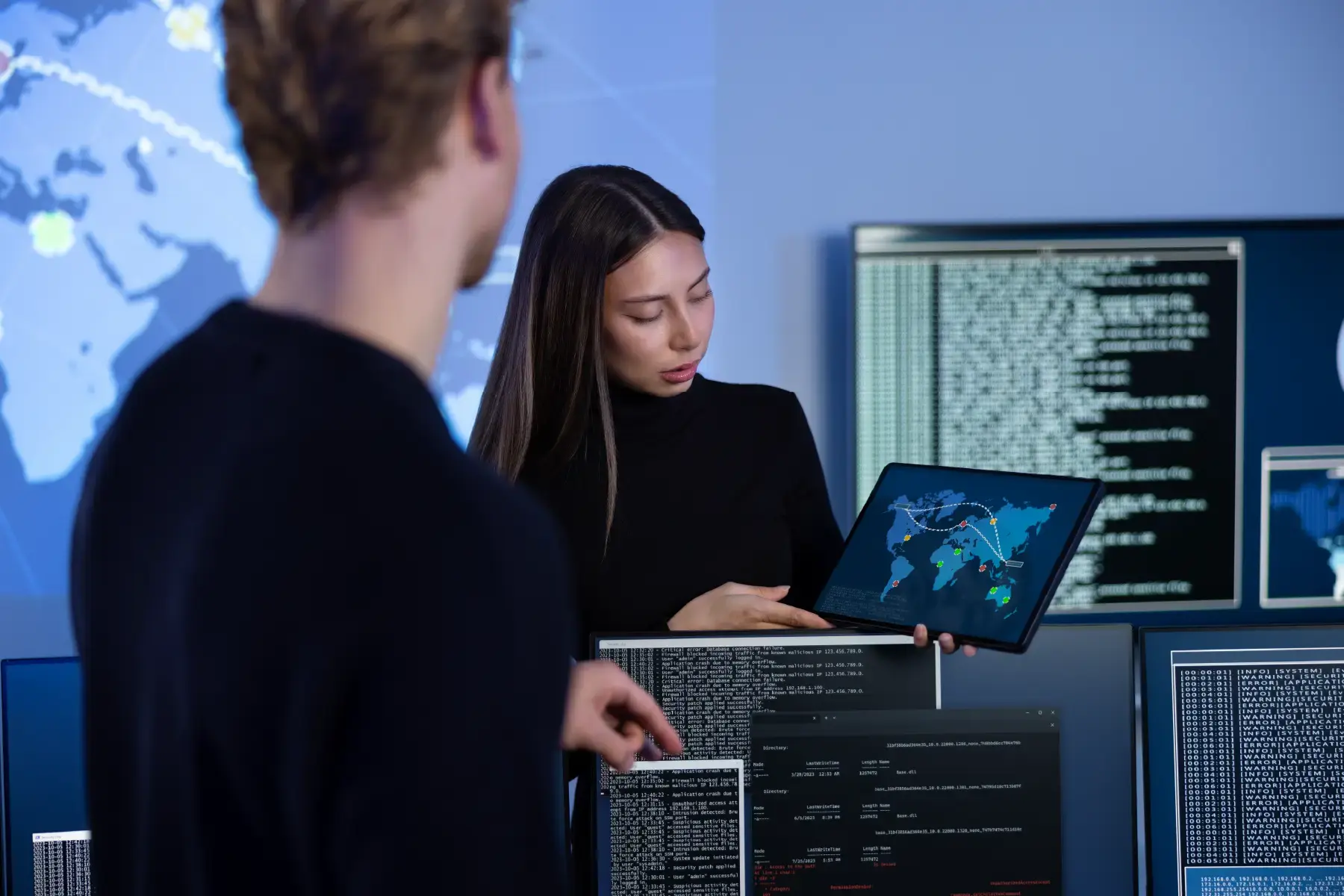Cybersecurity team monitoring network threats across multiple dashboards in a secure operations centre