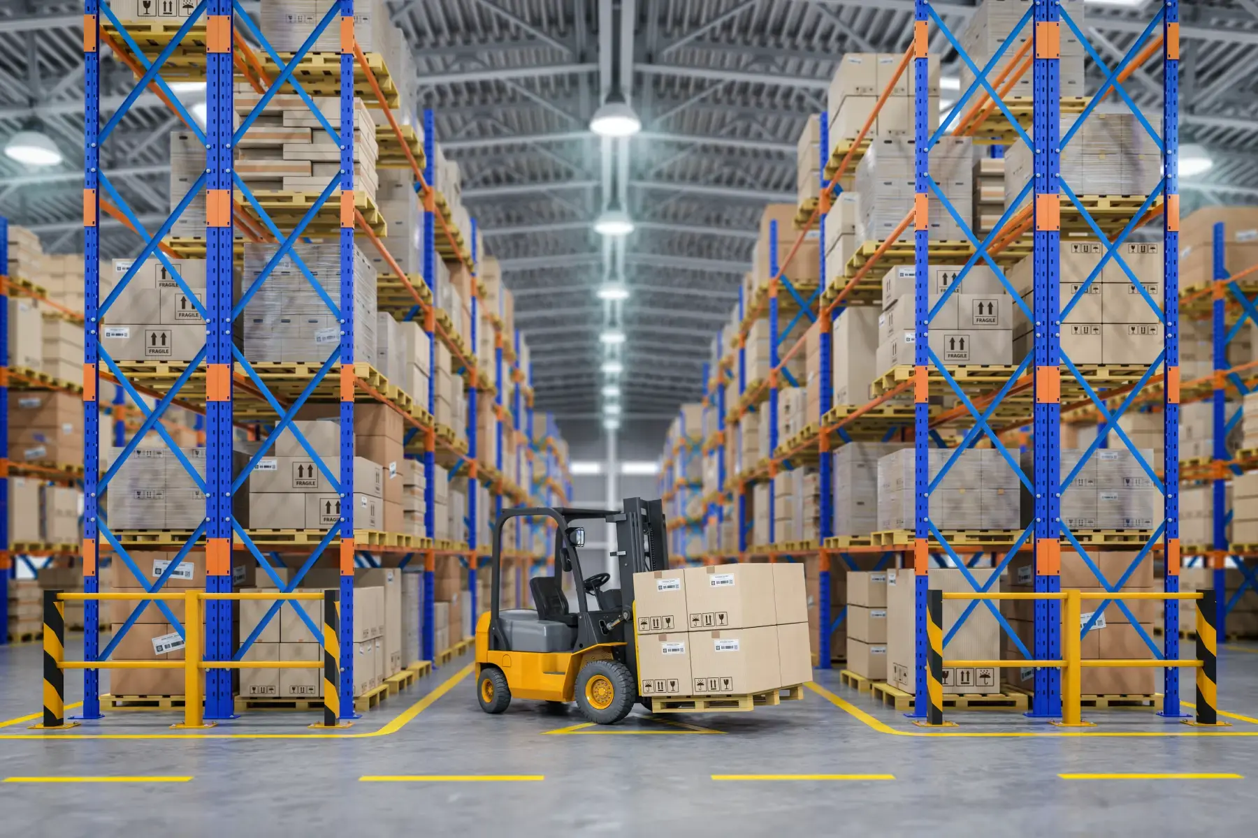 Large warehouse stacked with goods and active distribution operations, representing the consumer supply chain ecosystem Large warehouse stacked with goods and active distribution operations, representing the consumer supply chain ecosystem